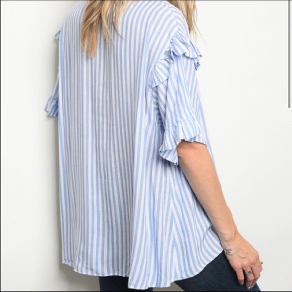 Mustard Seed Blue White Striped Top Ruffle NWT - Picture 2 of 5